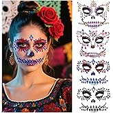 Halloween Face Jewels Temporary Tattoos – 4 Pack Day of the Death Rhinestone Skull Face Gems – Crystal Eye Glitter Stickers for Halloween Makeup, Cosplay & Horror Party Supplies (4 PCS)