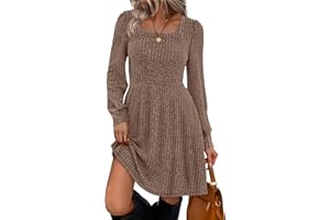 Sampeel Womens Square Neck Long Sleeve Fall Dresses Casual Babydoll Sweater Dress