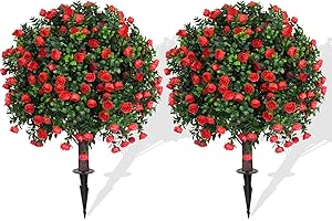 YANGRASS Artificial Rose Topiary Ball Trees with Ground Spike, 2 Pack 16 Inches UV Resistant Artificial Shrubs, Fake Evergreen Artificial Plant Brush for Indoor Outdoor Front Porch Garden