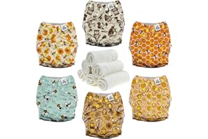 Mama Koala 3.0 Pocket Cloth Diapers for Babies with AWJ Lining, 6 Pack with 6 4-Layer Natural Cloth Diaper Inserts - Reusable and Washable Pocket Diapers(Hardworking Bees)