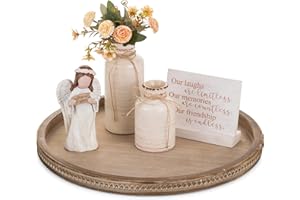 Hanobe Large Round Decorative Tray: 45cm Coffee Table Beaded Tray Vintage Circle Big Wood Trays Decor Rustic Farmhouse Ottoman Centerpiece Serving Home for Counter