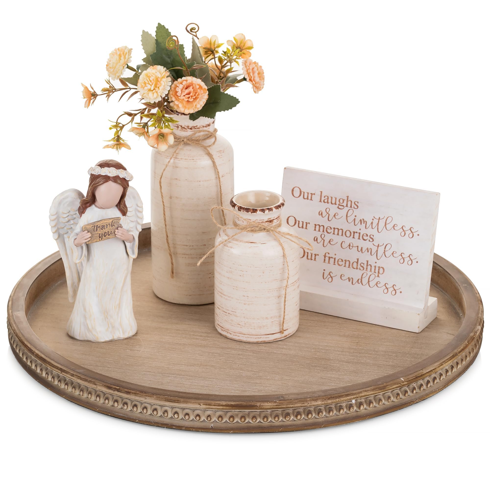 Hanobe Large Round Decorative Tray: 45cm Coffee Table Beaded Tray Vintage Circle Big Wood Trays Decor Rustic Farmhouse Ottoman Centrepiece Serving Home for Counter