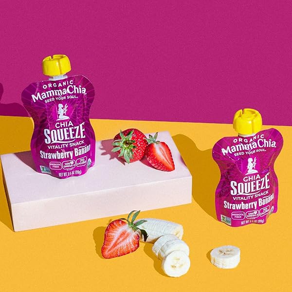 MAMMA CHIA ORGANIC VITALITY SQUEEZE SNACK, STRAWBERRY BANANA, 24- 3.05 OUNCE CHIA POUCHES. USDA ORGANIC, NON-GMO, VEGAN, GLUTEN FREE, AND KOSHER. FRUIT AND VEGETABLES WITH ONLY 70 CALORIES