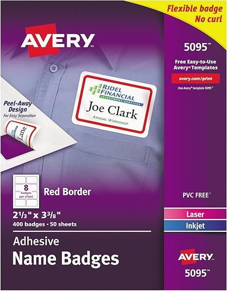 Avery Adhesive Name Badges Red Border 2 1 3 X 3 3 8 400 Badges 5095 Removable Adhesive 2 21 64 Width X 3 3 8 Length Rectangle Laser