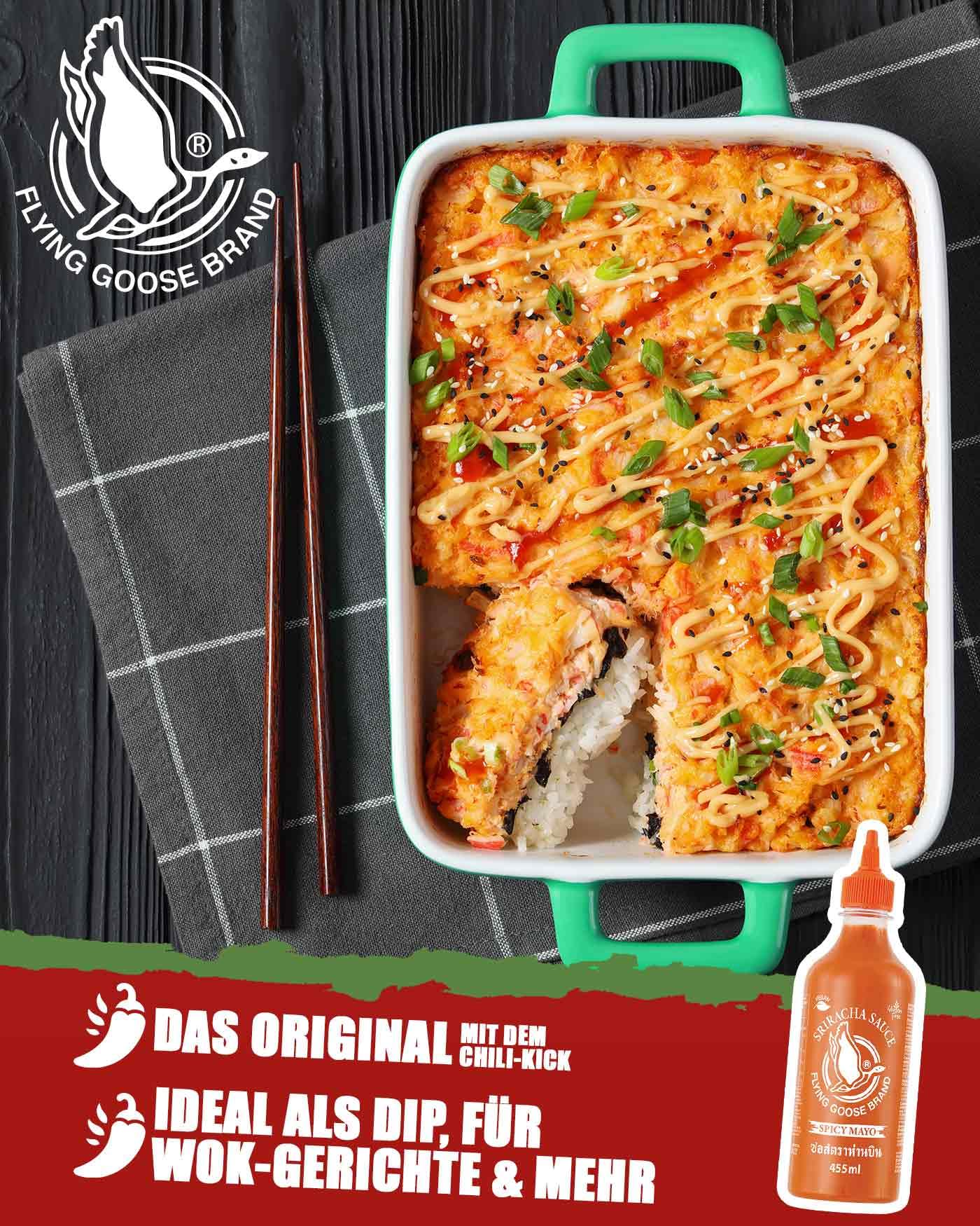 FLYING GOOSE Sriracha Spicy Mayoo Sauce, extra scharfe Mayonnaise, sehr scharf, orange Kappe, Würzsauce aus Thailand, vegan, glutenfrei, 1 x 455 ml 3
