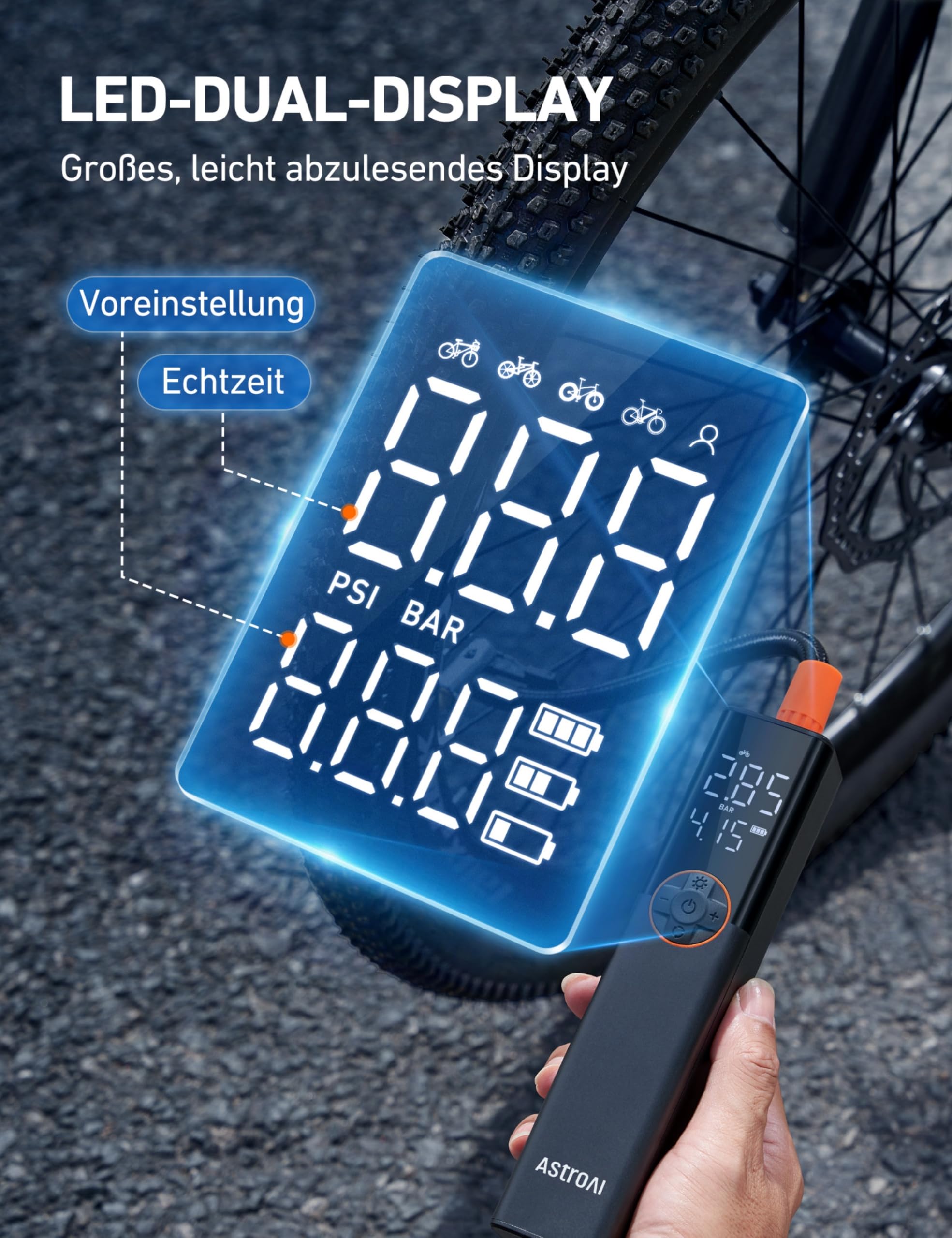 AstroAI Fahrradpumpe Elektrische Luftpumpe, 150PSI Mini Tragbare Akku Fahrradpumpe alle ventile, Hochspannungsmotor Speziell für Fahrrad, Wiederaufladbare für Stadtrad, Rennrad, Mountainbike, Orange 6