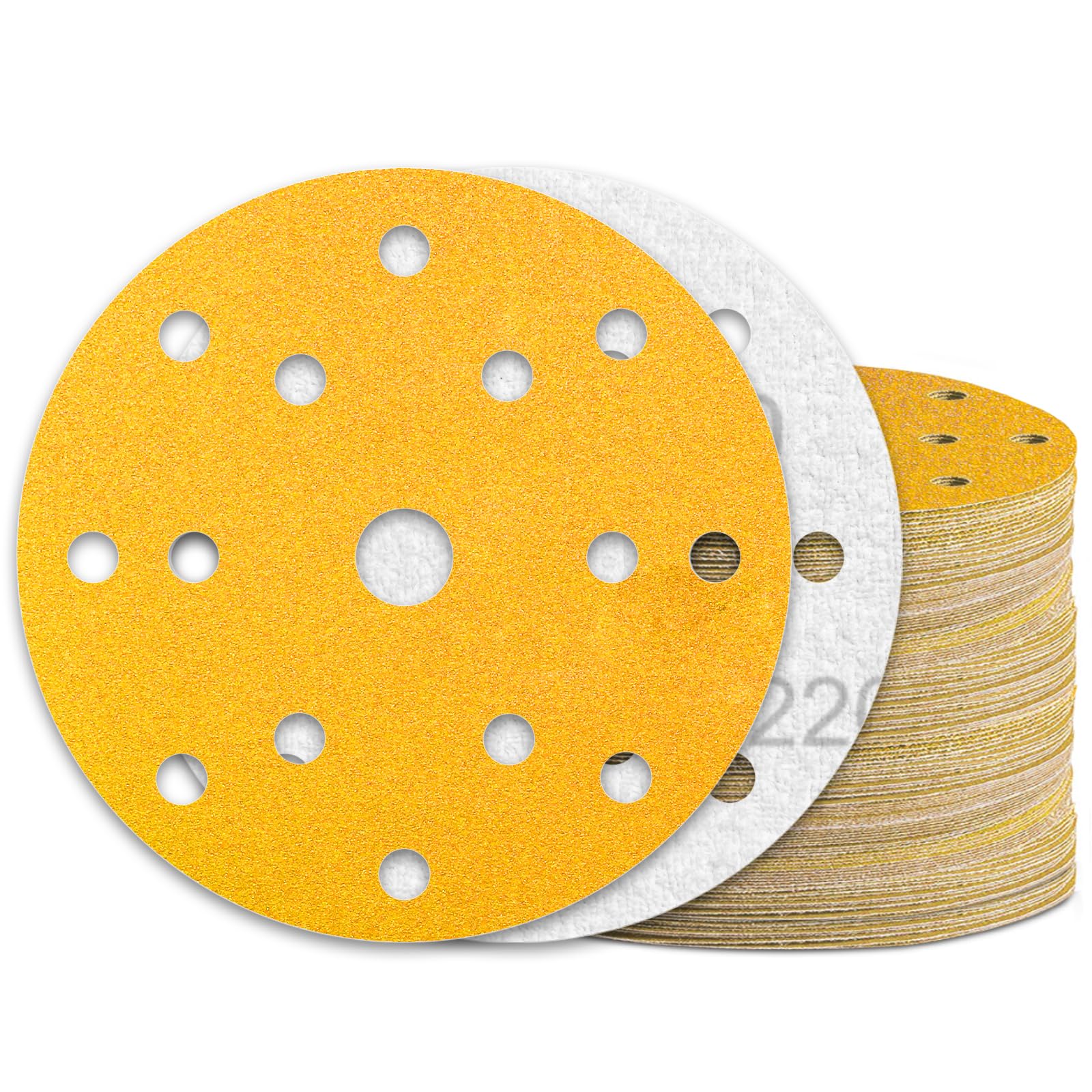 KONGMING 60 Pcs 150mm Sanding Discs Grit 220 Hook and Loop 15 Hole for Random Orbital Sander