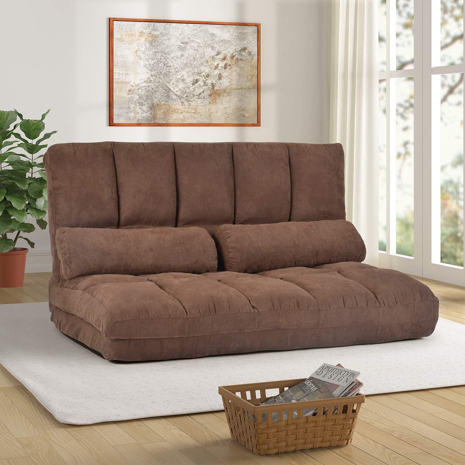 Double Chaise Lounge Sofa Floor Couch Sofa with 2 Pillows, Floor Sofa Futon Sofa Bed Sleeper Couch Foldable Lazy Sofa 5-Reclining for Living Room(Brown)