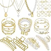 Remuuly 43 Pcs Christmas Gold Jewelry Gift Set with 6 Necklace, 13 Bracelet, 20 Rings and 4 Hair Claw Clips for Women Girl Christmas thanksgiving Wedding Valentine Anniversary Birthday Friendship Gift