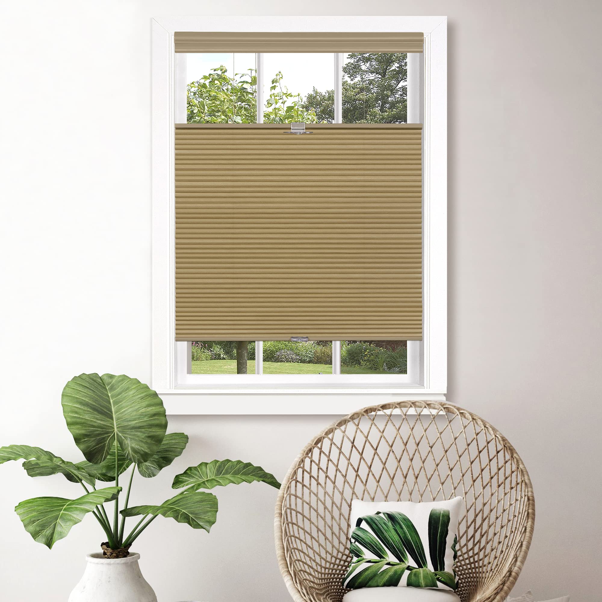 Cordless Cellular Pleated Window Shades - 33 Inch Width, 64 Inch Length - Wheat - Light Filtering Top-Down Honeycomb Pull Down Blinds for Windows and Skylights by Achim Home Decor Image