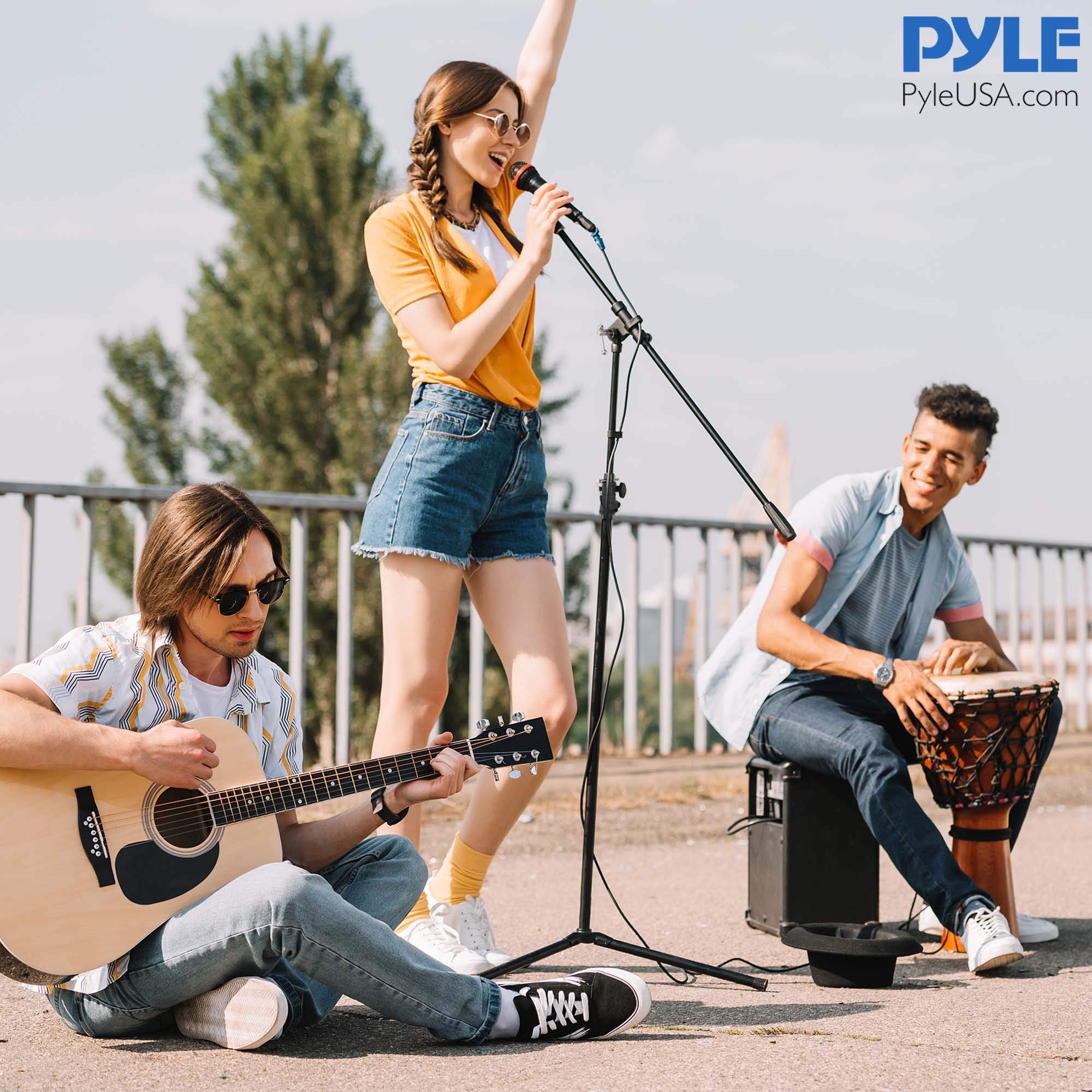 Pyle Adjustable Tripod Microphone Boom Stand - Pair of Universal Heavy Duty Lightweight Professional Compact Stage Studio Floor Standing Boom Mic Tripod Holder w/ Standard 5/8