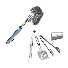 Barbecue Grill Brush + BBQ Tools Set - HEAVY DUTY 20% THICKER STAINLESS STEEL - Professional Grade Accessories - 3 Piece Utensils Kit Includes Spatula Tongs & Fork - Unique Birthday Gift Idea For Dad