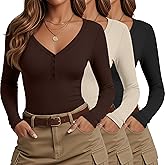 Huukeay 3 Pack Women's Ribbed Henley Long Sleeve Shirts, Button V Neck Tunic Tops Slim Fit Casual Soft Basic Knit Tee Blouse(Black, Brown, Apricot,L)