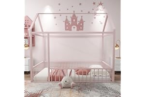 Lakifun Twin Size Montessori Floor Bed, Metal House Bed Frame Montessori Beds with Fence Rails, Kids Playhouse Beds for Girls Boys Teens, Box Spring Required,Pink