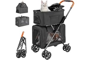 LPOTIUS Double Pet Stroller with Detachable Carrier for Medium Small Dogs and Cats, Lightweight Dog Stroller Travel Carriage with No-Zip Canopy Storage Basket One-Click Folding and One-Foot Brake