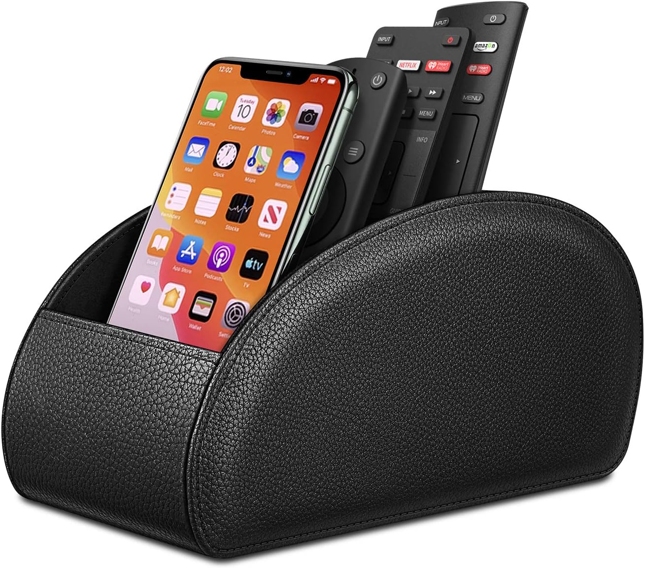 Fintie Remote Control Holder, [New Version] Vegan Leather TV Remote Caddy Desktop Organizer 5 Compartments Fits TV Remotes, Media Controllers, Office Supplies, Makeup Brush, Black Large