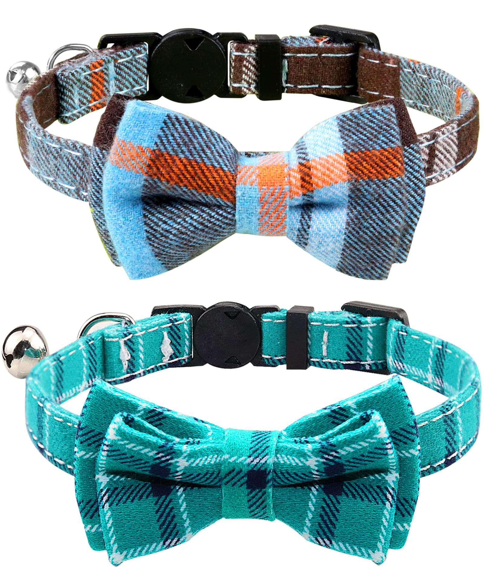 Joytale Cat Collar with Bell and Bow Tie, Soft Tartan, Quick Release Safety Collars for Kitten and Cats, 2 Pack, Haze blue+Teal