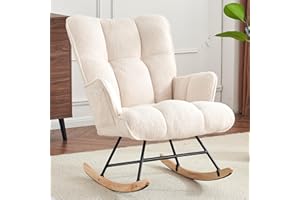 SAETSFEG Big Nursery Rocking Chair Teddy, Upholstered Glider Rocker with High Backrest, Comfortable Stylish Accent Armchair with Padded Seat for Living Rooms, Bedrooms, Ivory