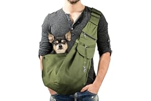 KAMEUN Pet Sling Carrirer Bag for Small Dogs/Cats, Cross Shoulder Canvas Carrying Bags Fits 8-16lb Puppies with Adjustable Strap and Zipped Pockets for Walking, Travel, Outdoor(Military Green)