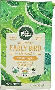 Whole Foods Market, Organic Early Bird Blend, Medium Roast Ground Coffee, Cocoa & Roasted Nuts, 12 Ounce