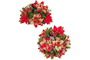 BLOSMON Christmas Centerpieces for Dining Table: 2 Pcs Red Gold Glitter Fake Poinsettia Christmas Flowers Ball Decoration - Artificial Silk Holiday Floral Arrangement Xmas Indoor Home Decor