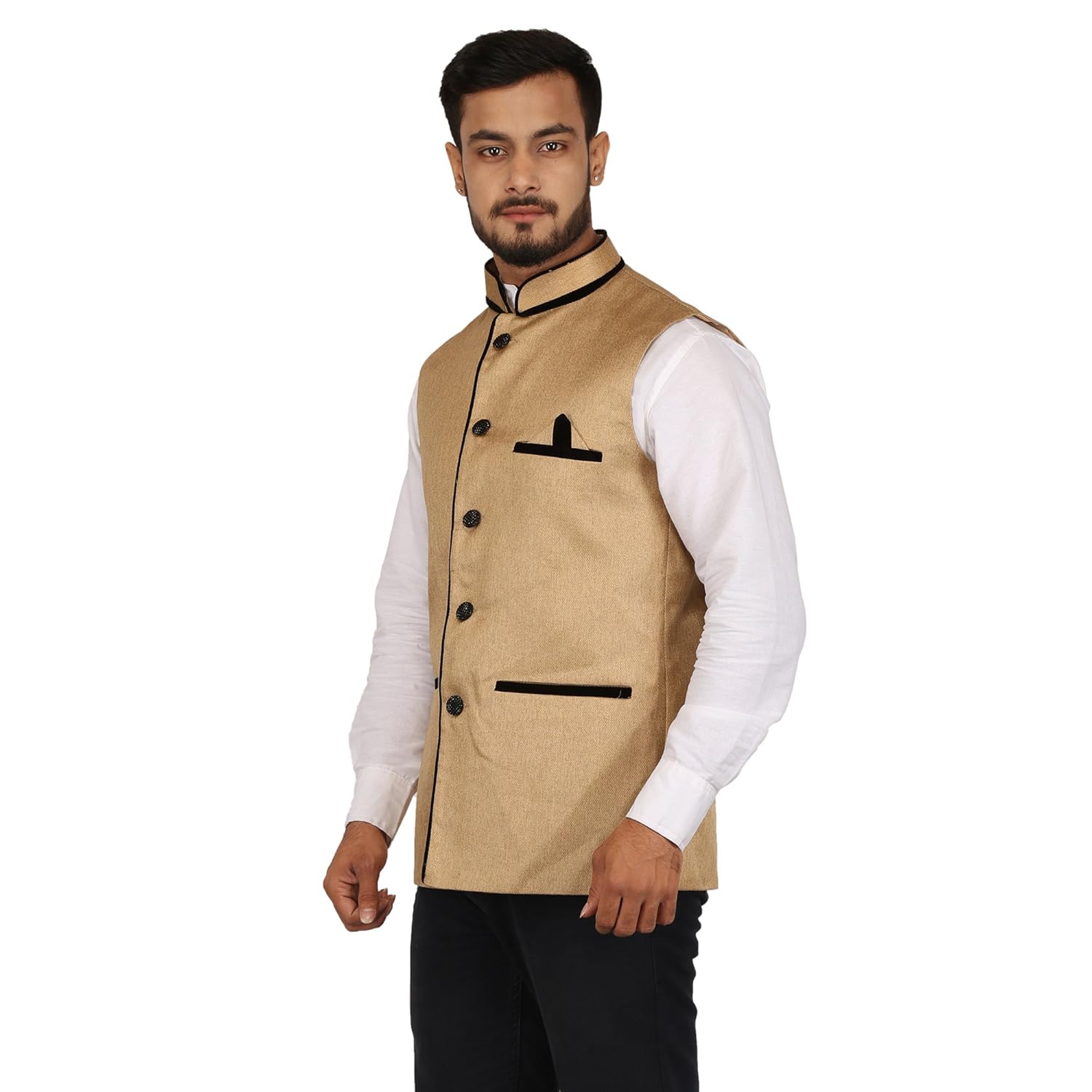 qalamkari men's jute modern fit modi/nehru jacket