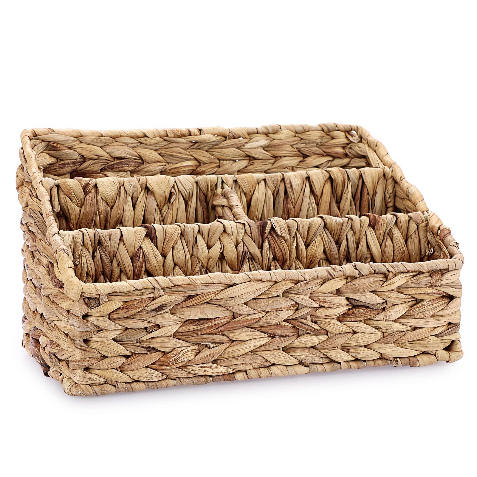 BSTKEY Water Hyacinth Desk Organizer, Hand Woven Magazine Mail Sorter with 4 Compartments, Wicker Desktop Stationery Holder Storage Basket for Home Office