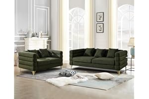 KINFFICT 2 Piece Living Room Sofa Set, Comfy Boucle Couch with Loveseat and 3 Seater, Upholstered Sofa Couch with 2 Pillows and Deep Seat Design for Office, Waiting Room, Green Teddy