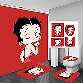 Betty Red Bathroom 4 Pieces Set Shower Curtain, Toilet Lid Cover and Bath Mat, Non-Slip Rugs, Durable and Waterproof, for Bathroom Decor Set, 72
