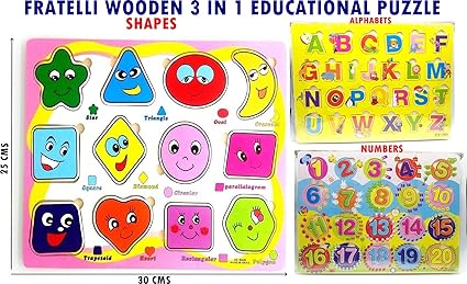 FRATELLI Wooden Puzzles Learning Puzzle Boards Learn Shapes Alphabets and Numbers-Set of 5