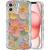 IDweel Case for iPhone 11, Luxury Colorful Retro Oil Painting Printed Flower Glossy Pattern Cute Curly Wave Edge Exquisite Phone Cover Stylish Sturdy TPU Protective Case for Girls Women,Green-1