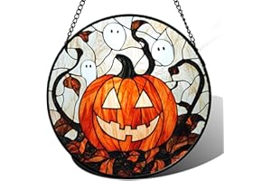 HWRHTR Stained Glass Window Hanging - Halloween Decorations Pumpkin Ghost Suncatcher for Doors Garden Indoor Spooky Funny Orange Sun Catchers Gothic Decor Horror Gifts for Women Men Friend 6.3 in