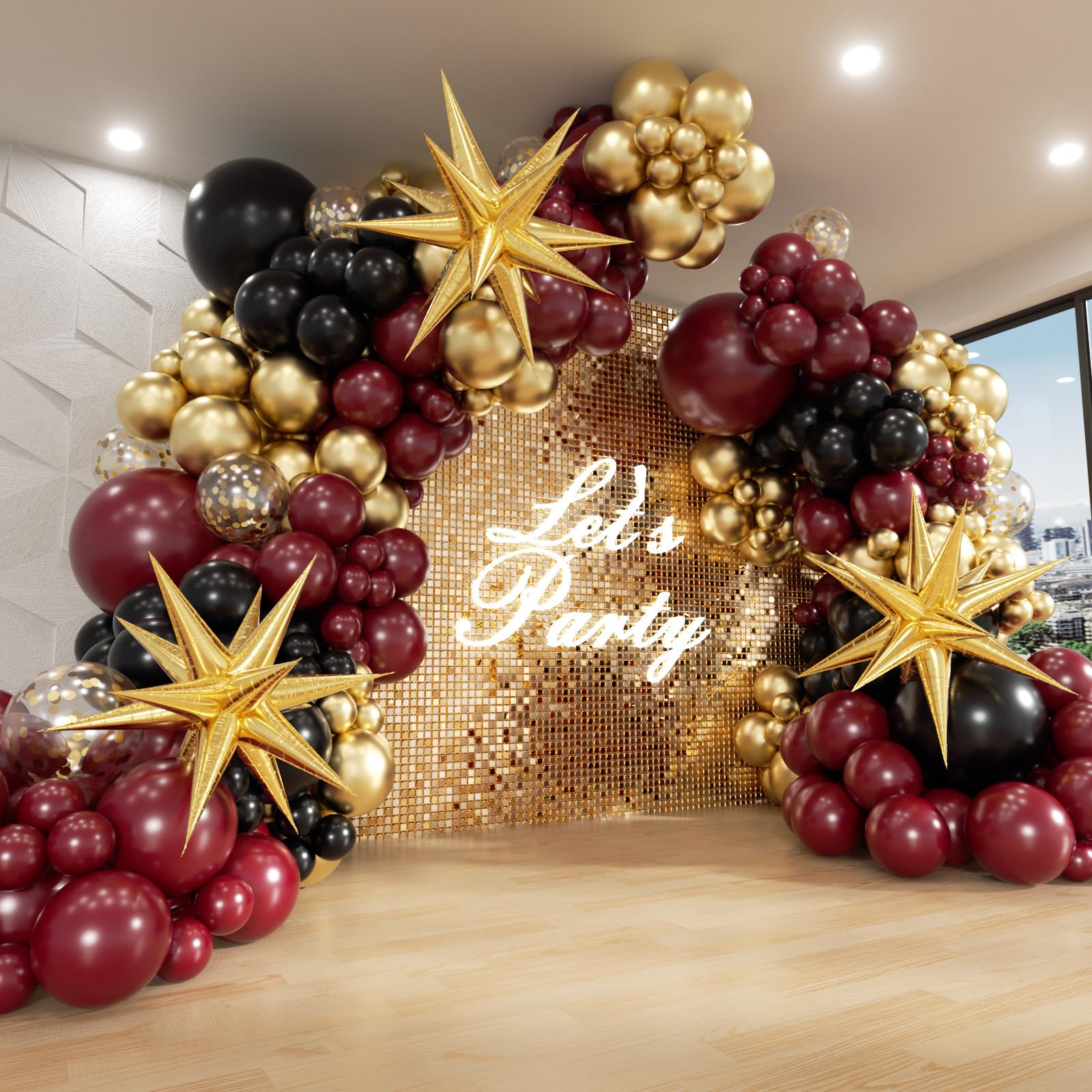 Photo 1 of FOTIOMRG Burgundy Balloon Arch Garland Kit with Burgundy Maroon Black Gold Foil Balloons for Birthday Graduation Bridal Shower Party Decorations