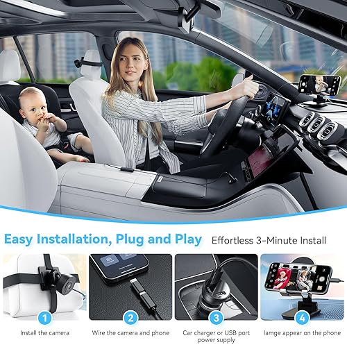 HNSEM Baby Car Camera for iPhone 360°Rotating USB Plug and Play