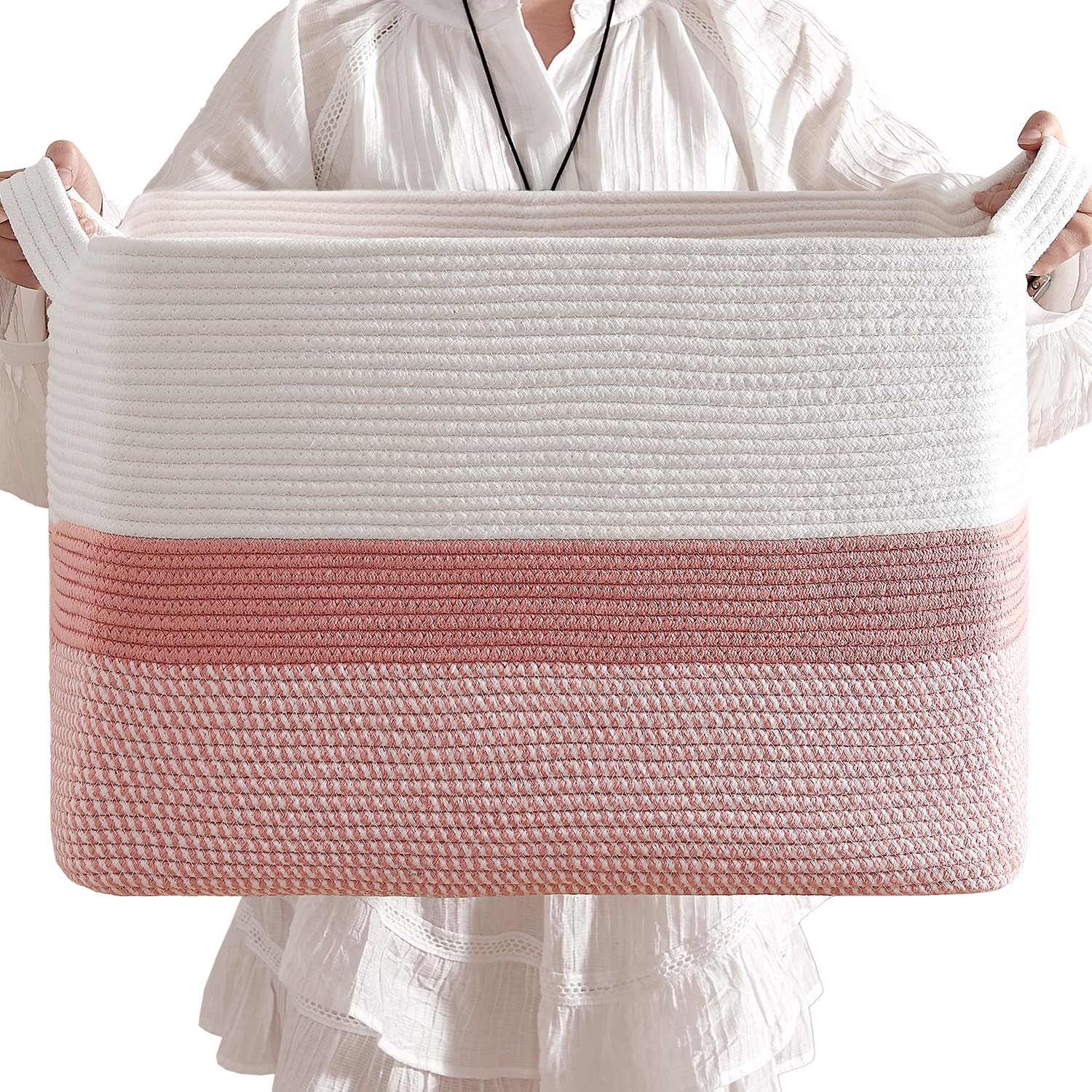 Photo 1 of CLHMILY&Z Pink Square Cotton Rope Storage Basket - 22x17x13.8 Inches - Modern Nursery Storage Bin and Baby Toy Basket for Organizing Toys and Blankets, Cloest Storage