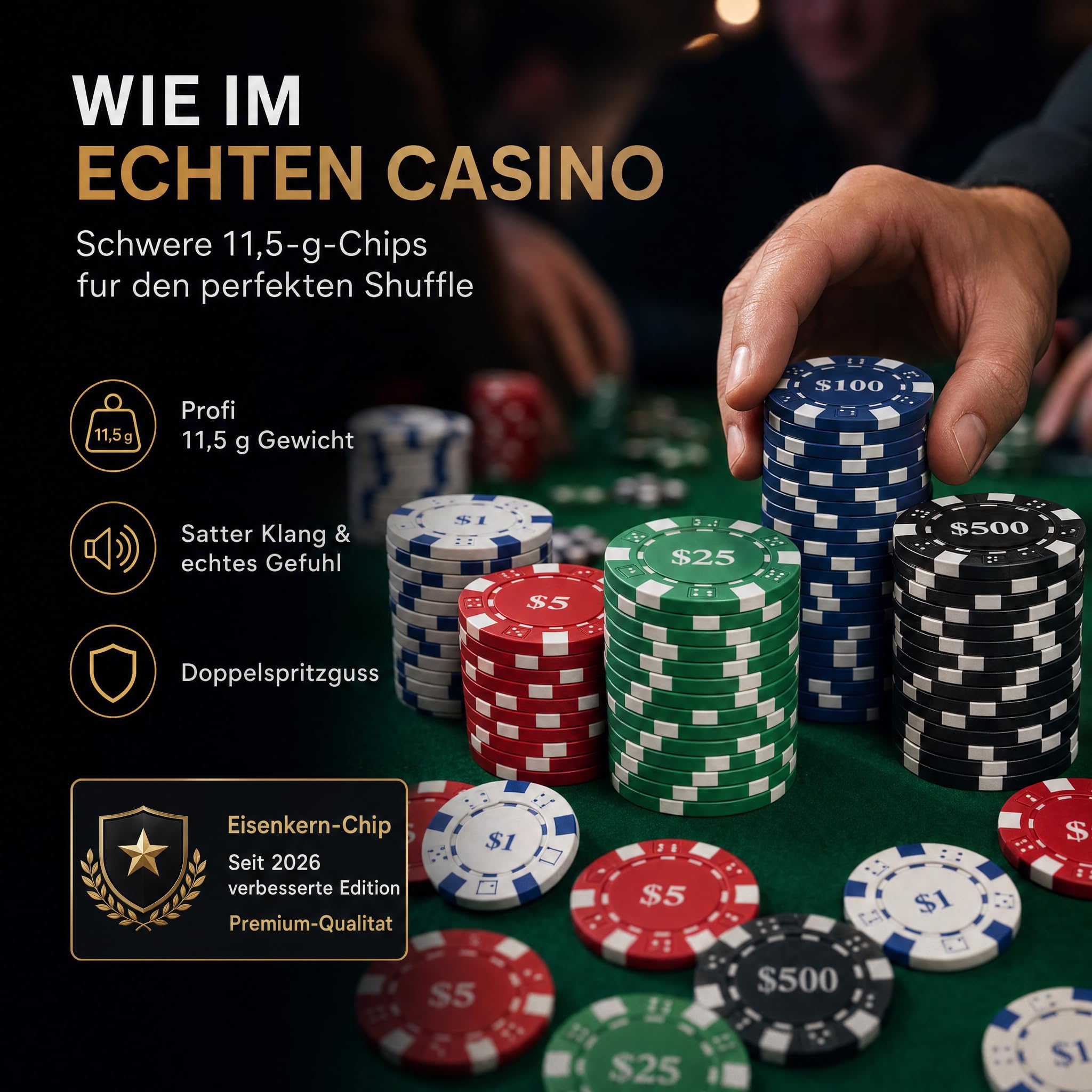 HEITOK Profi Pokerkoffer mit Nummern, 11,5g Composite Resin Pokerchips Set mit Eisenkern, Verstärkter Aluminium Koffer für Texas Hold'em & Blackjack, Premium Set mit Pokerkarten, Dealer, Blind Button 4