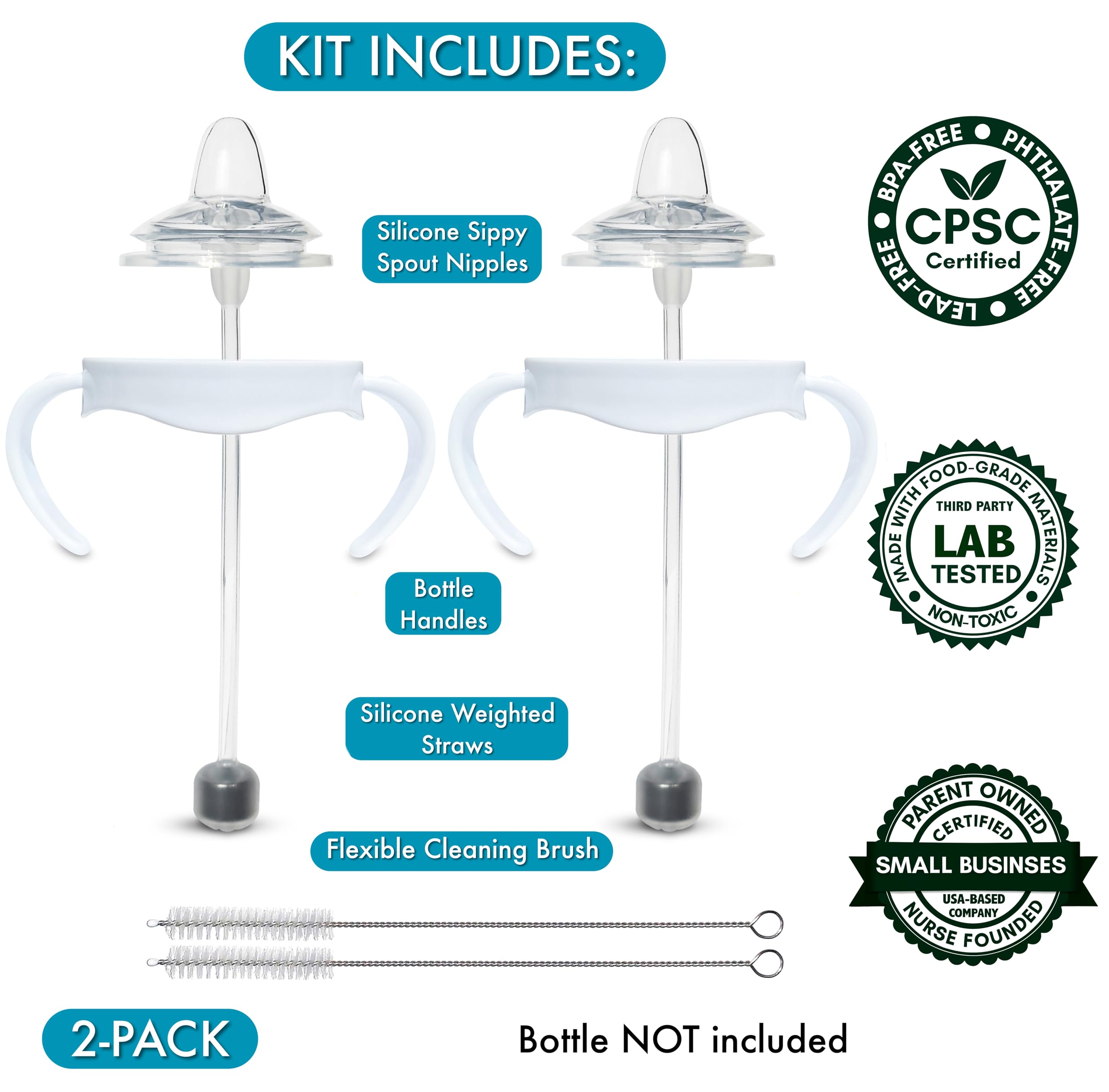 Sippy Cup Conversion Kit for Philips Avent Natural Baby Bottles 2-Count, Food Grade Silicone Spout Nipples and Weighted Straw, Bottle Handles, Cleaning Brush, BPA-Free, Straw Transition, 4+ Months