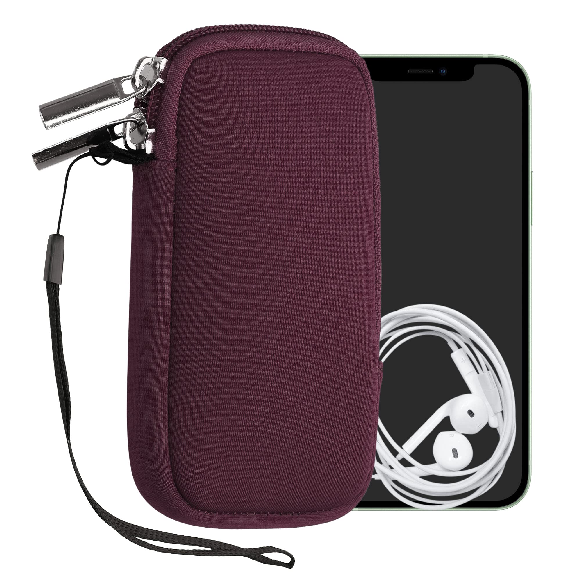 kwmobile Neoprene Phone Pouch Size XS - 3,5/4" - Universal Cell Sleeve Mobile Bag with Zipper, Wrist Strap - Bordeaux Violet