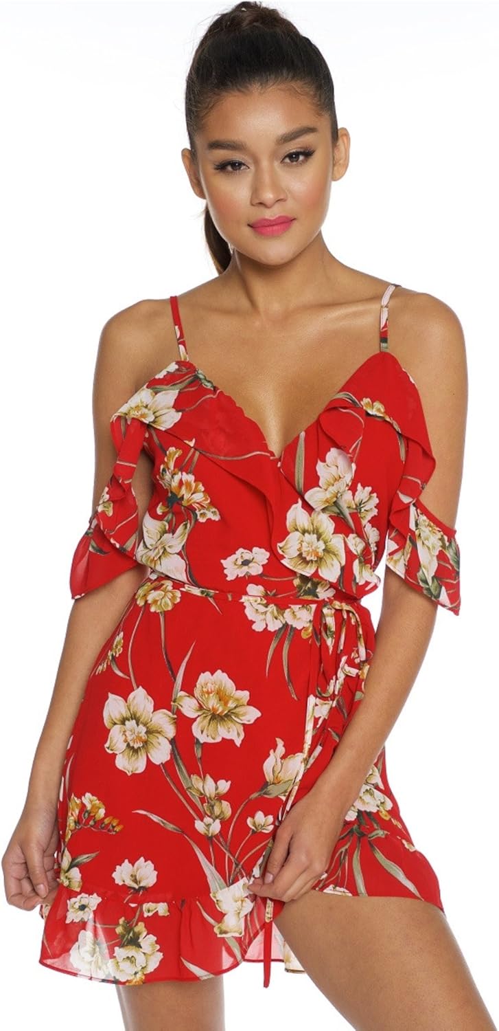 tiny floral ruffle mini wrap dress