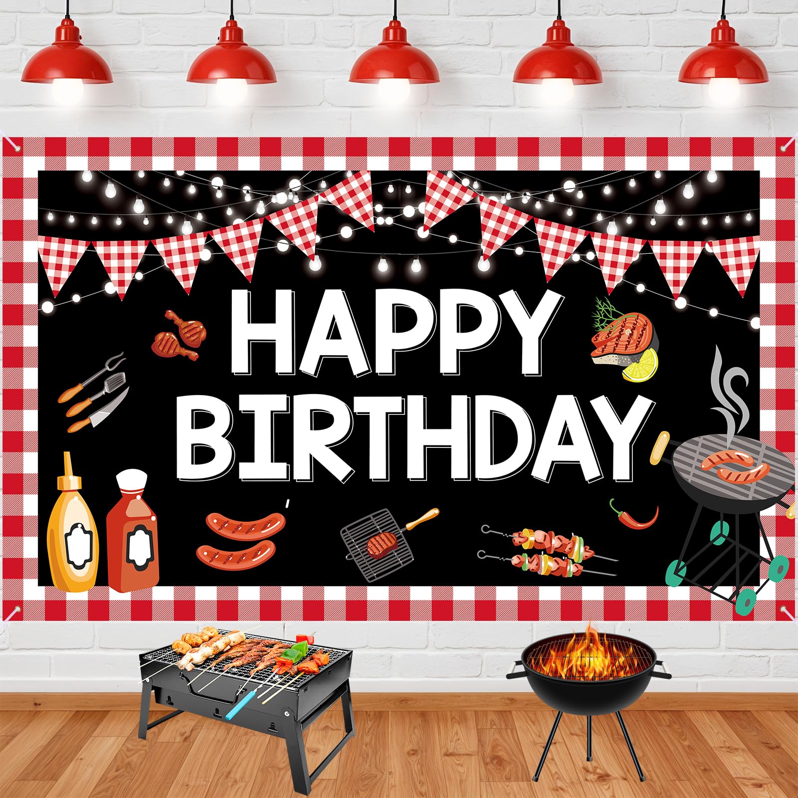 Photo 1 of Larbful BBQ Birthday Party Decorations Large BBQ Happy Birthday Banner Red Gingham Picnic Birthday Banner Backdrop for BBQ Birthday Baby Shower Barbecue Party Supplies Yard Outdoor 70.8 x 43.3 Inch