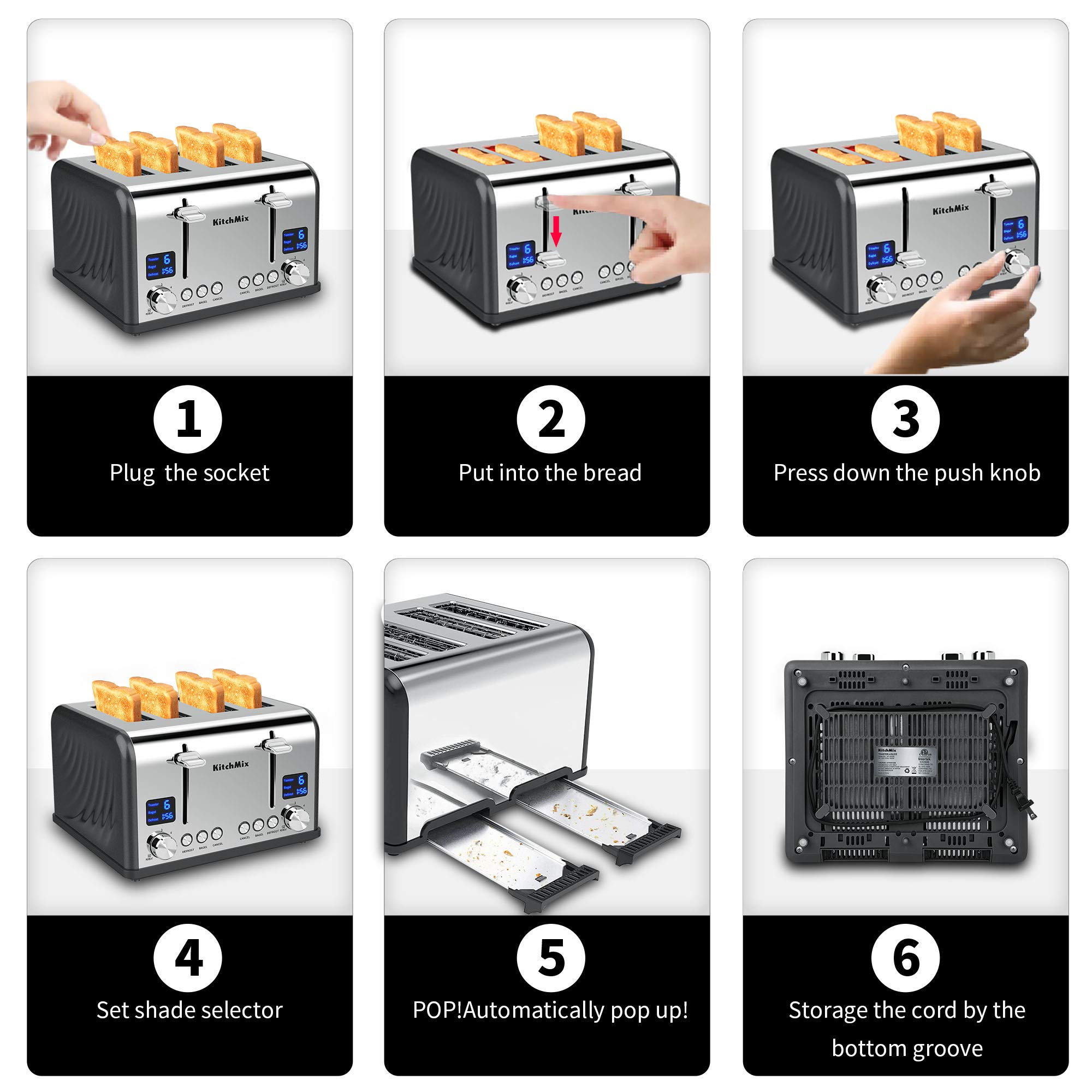 KitchMix Tostadora de 4 rebanadas, tostadora de bagel de acero inoxidable con temporizador LCD, ranuras extra anchas, pantalla doble, bandeja para migas extraíble (gris)
