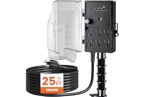 SURAIELEC Outdoor Power Stake, Dusk to Dawn Light Timer, 25FT Extension Cord Multiple Outlet; 6 Electrical Outlet Power Strip Weatherproof, for Patio Lights, Garden, Christmas Decorations, ETL Listed