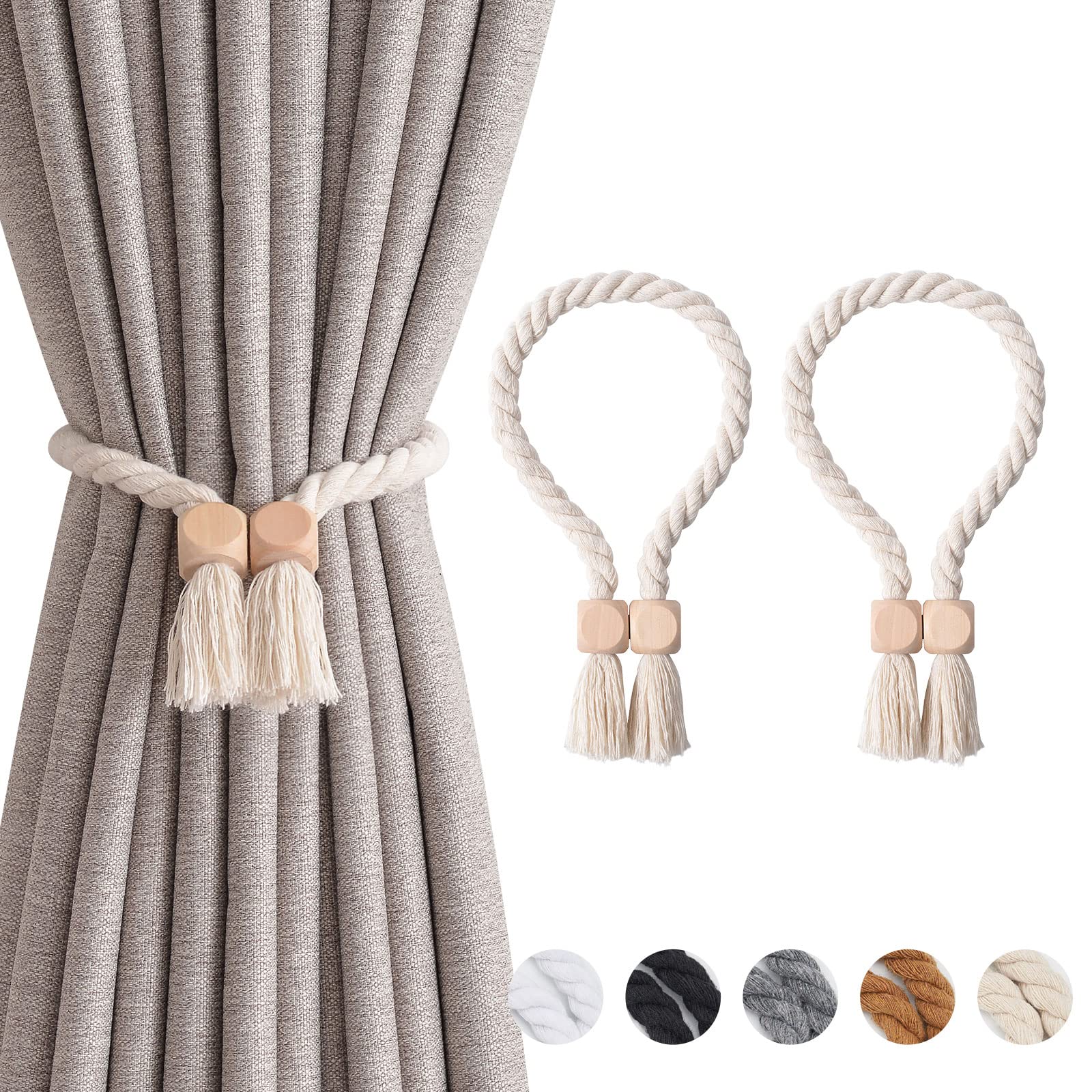 Pretty Jolly 2 Pack Wooden Cube Magnetic Curtain Tiebacks Boho Home Decor Drape Tie Backs Natural Cotton Hand Woven Rope Curtain Holdbacks for Thin & Thick Home & Office Window Draperies (Beige)