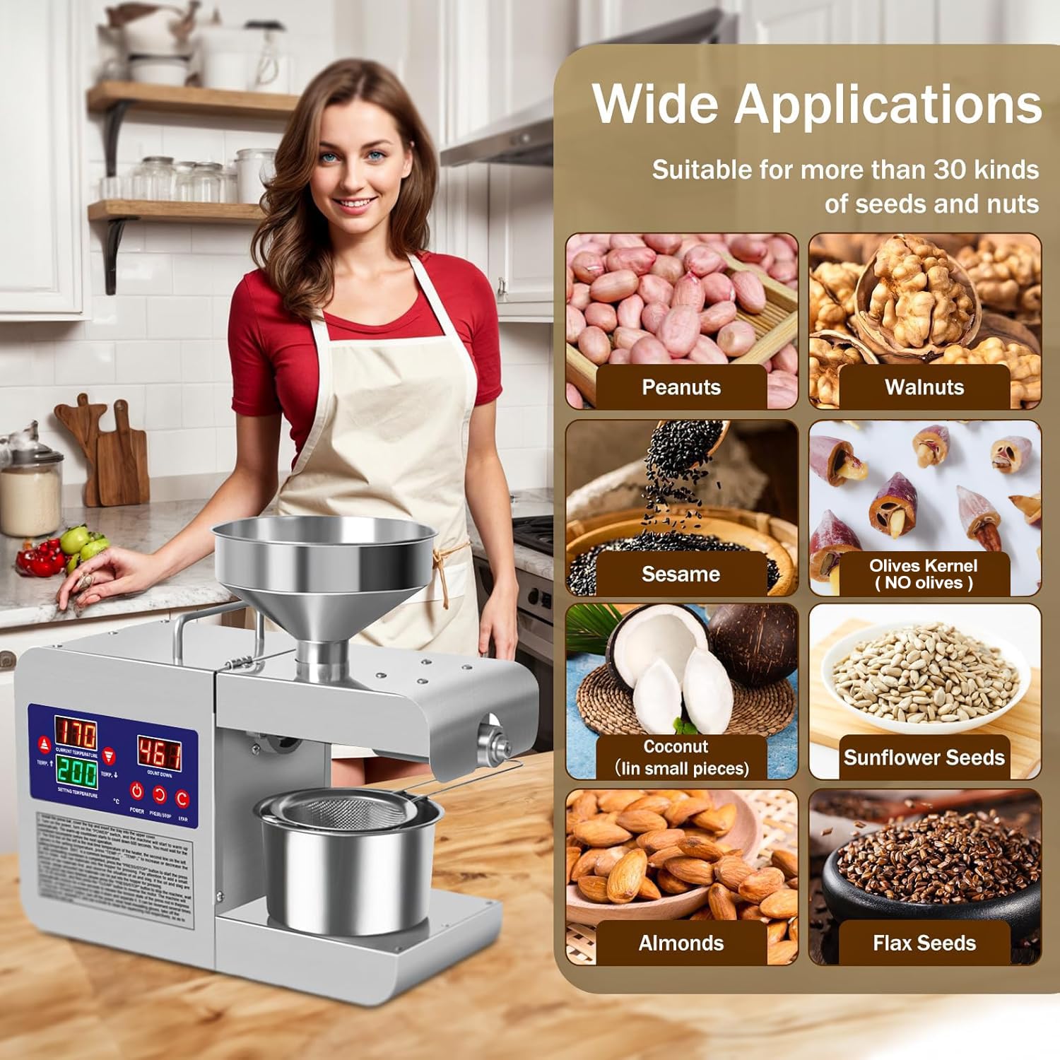 Oil Press Machine, 110V Home Commercial Automatic Oil Press Extractor, Steel Stainless Electric Cold & Hot Press Oil Expeller with LCD Diplay for Peanut Sesame Coconut Soybean Sunflower Seeds Walnuts