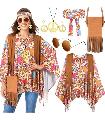Disfraz Hippie De Los 70 – Set De 6 Piezas Con Vestido, Gafas, Collar Y Aretes Para Fiestas Retro Y Halloween