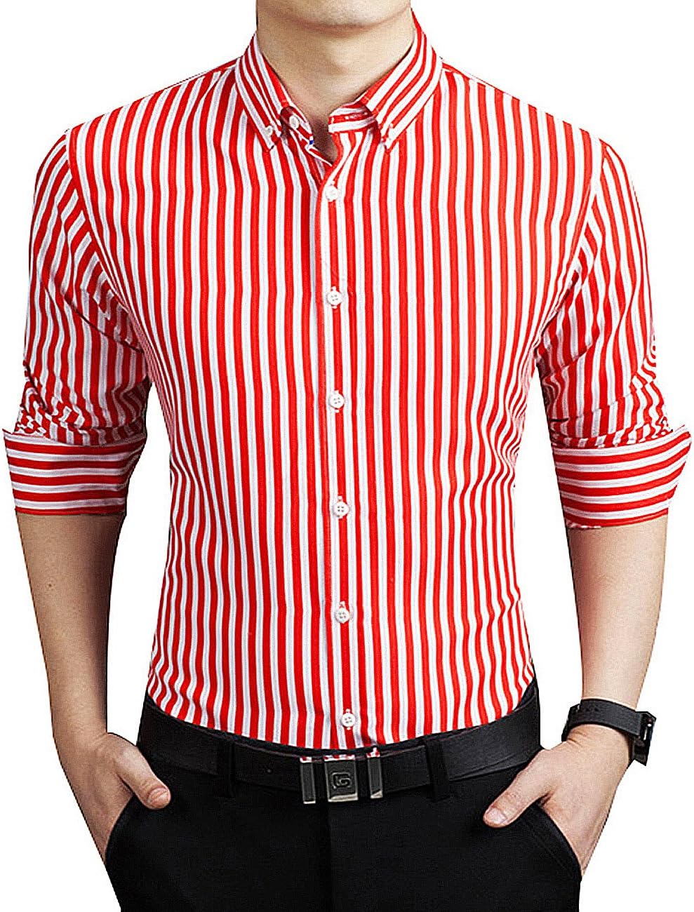DOKKIA Men's Formal Business Vertical Striped Button Down Long Sleeve Dress Shirts (Medium, Red White)