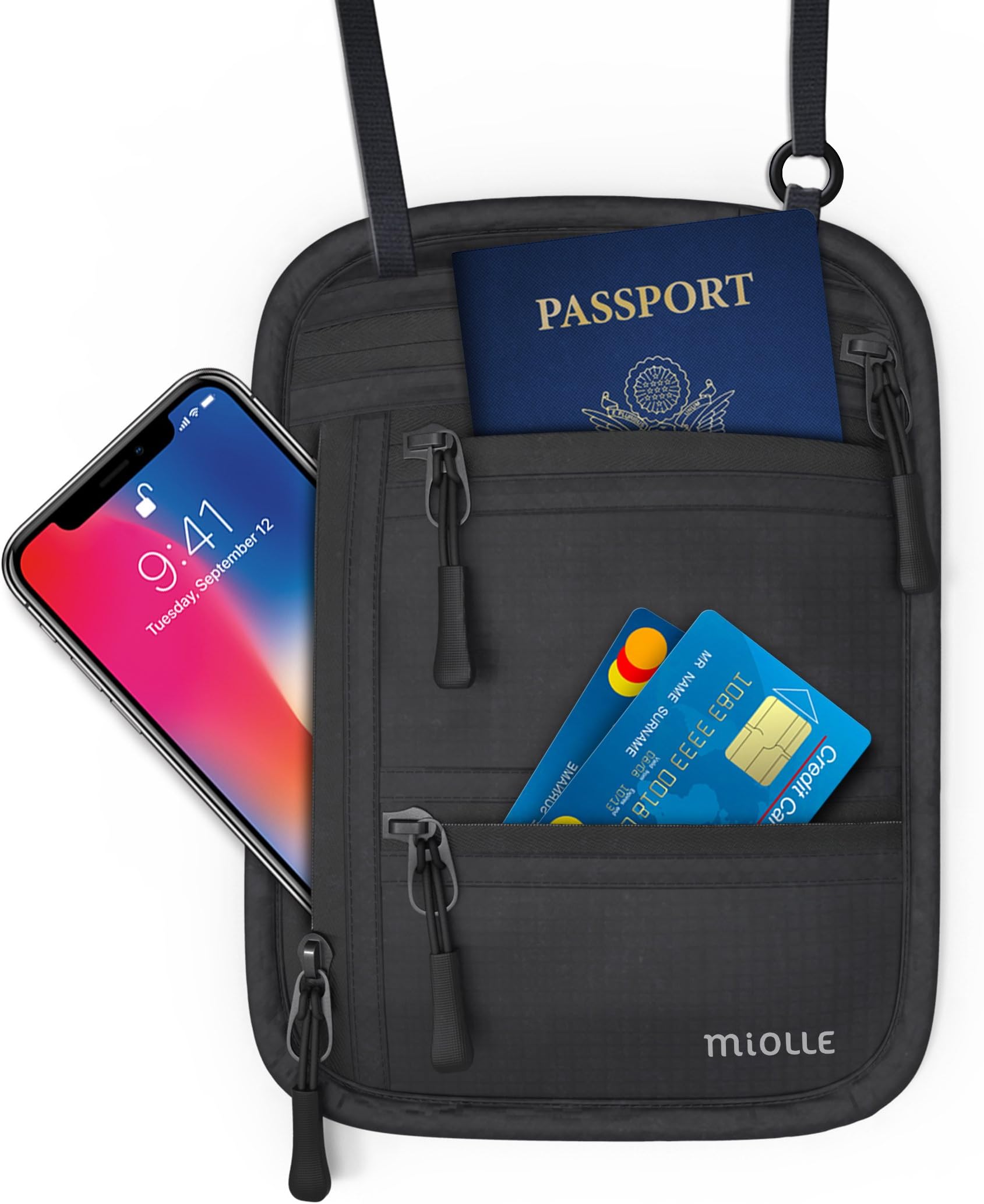 Miolle RFID Fitness Travel Neck Wallet Bag Passport Holder - Neck Bag Passport Wallet for Men and Women