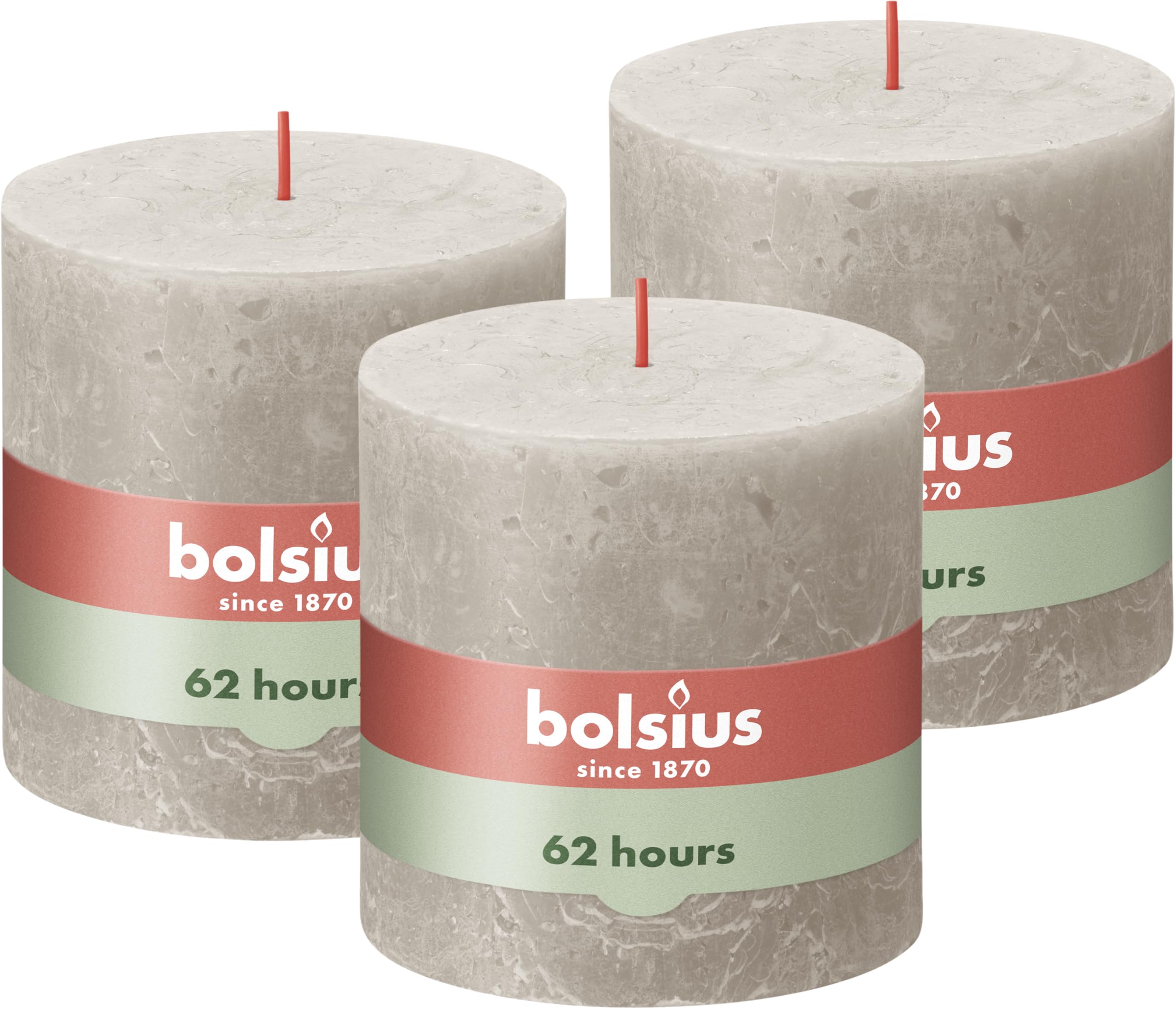 Bolsius Rustic Pillar Candle XXL - Light Grey - Pack of 3 - Long Burning Time of 62 Hours - Household Candle - Interior Decoration - Unscented - Includes Natural Vegan Wax - No Palm Oil - 10 x 10 cm