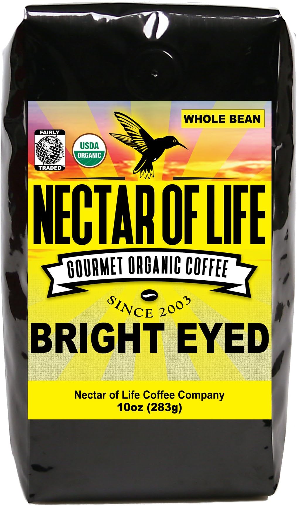 Bright Eyed Medium Dark Roast Whole Bean Coffee from Nectar of Life - Full Body. Thick & Rich. Central & South American Coffee. Best Organic Coffee USDA Organic Coffee Fair Trade Certified 10oz Bag