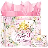 3rd Birthday Party Gift Bag for Girls Her Royal Three-ness Pink Pastel Princess Castle Happy 3rd Birthday Party Decorations with Card & Wrapping Papers for Three Years Old Party Favors Supplies